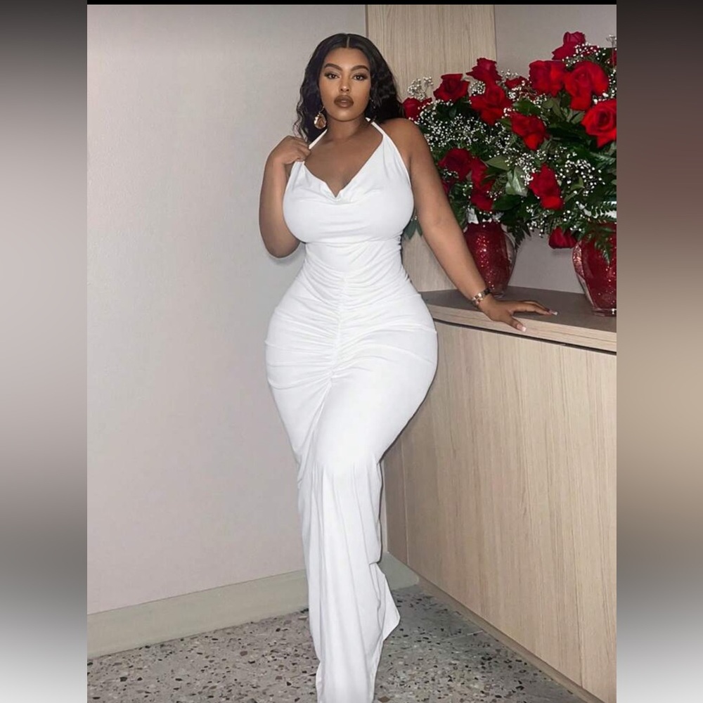 SHEIN White Ruched Cowl Neck Maxi Dress